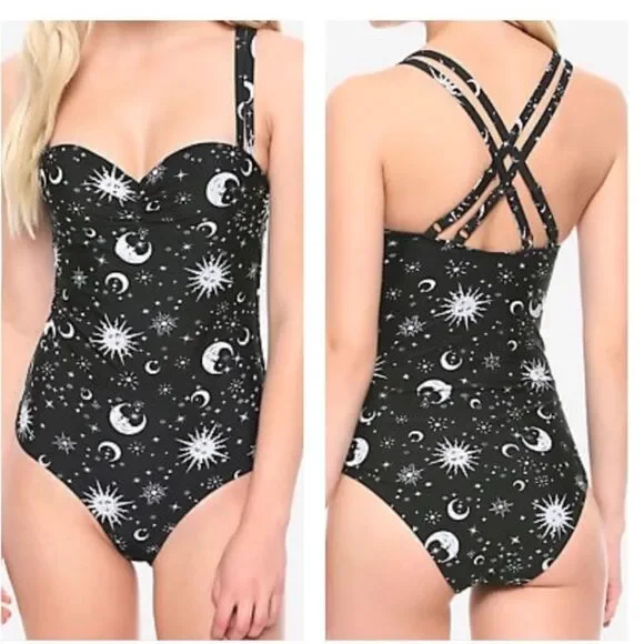 Hot Topic Black & White Sun Moon Stars Celestial One Piece Swimsuit Size Small - Picture 1 of 14